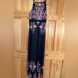 Venus maxi dress, halter style, deep navy, pink, white floral, size S